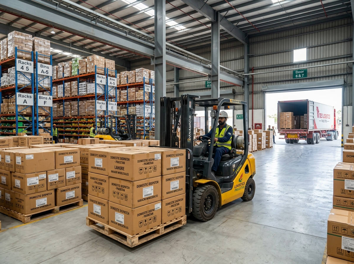 Modern wholesale logistics warehouse dispatching packaged orders in Pakistan